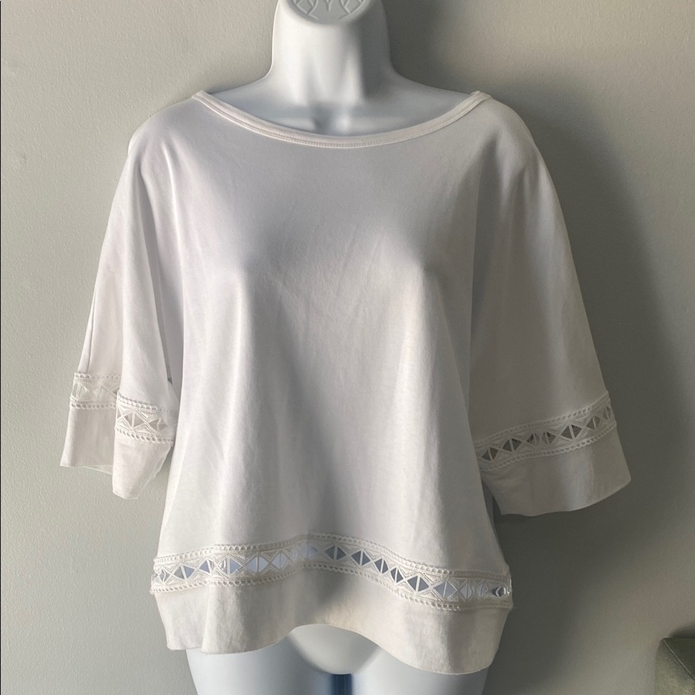 Chico’s white lace trim soft tee top coastal Size 1